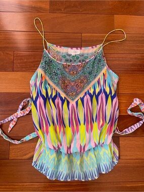 Camilla Beaded Multicolor Printed Tank Top — Teal, Purple, Yellow, Orange